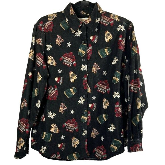Talbots Women's Shirt Top S Fine Corduroy Winter Print Black Cotton Button Up - Picture 1 of 9